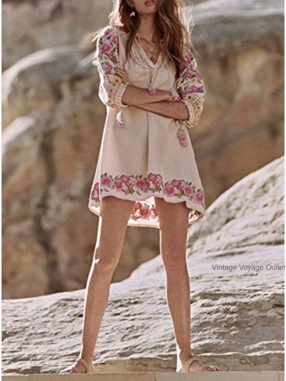 Cotton Mini Dress with Floral Embroidery 3/4 Sleeve Loose Fit - Picture 4 of 7